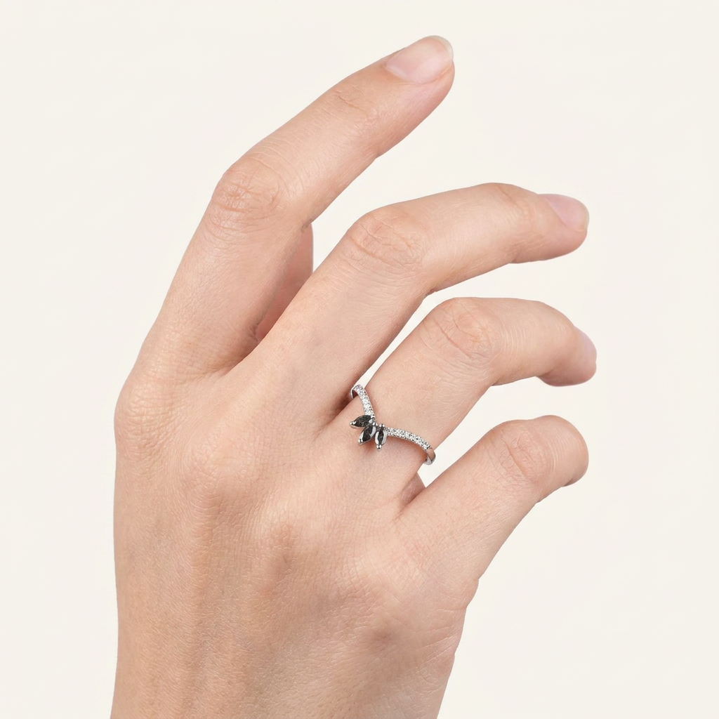 0.42 CT Marquise & Round Cut Salt and Pepper Diamond Ring