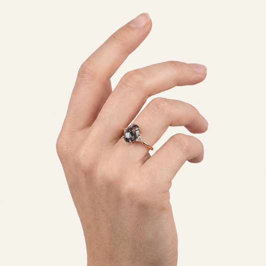 1.80 CT Oval & Triangle Cut Salt and Pepper Diamond Three Stone Ring