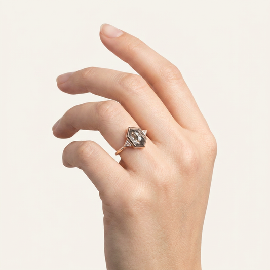 1.30 CT Hexagon & Triangle Cut Salt and Pepper Diamond Three Stone Ring (V1)