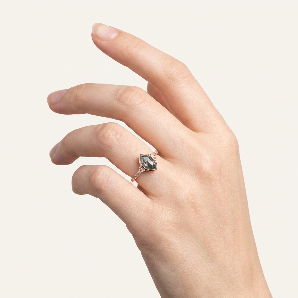 1.90 CT Marquise & Trillion Cut Salt and Pepper Diamond Three Stone Ring