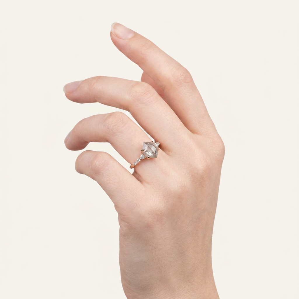1.65 CT Hexagon & Round Cut Salt and Pepper Diamond Three Stone with Side Stones Ring