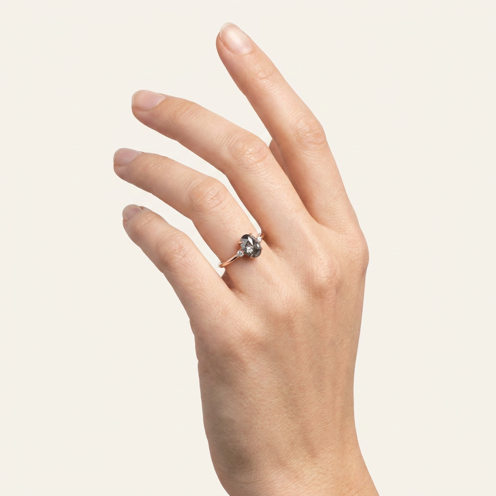 1.30 CT Oval & Round Cut Salt and Pepper Diamond Three Stone Ring