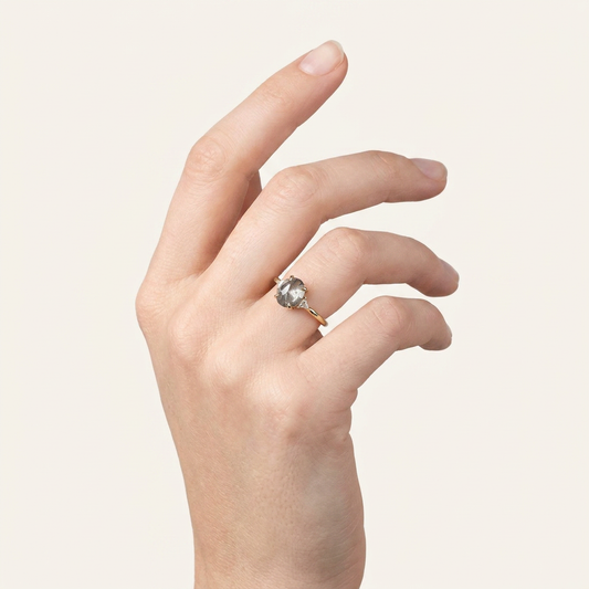 1.60 CT Oval & Triangle Cut Salt and Pepper Diamond Three Stone Ring