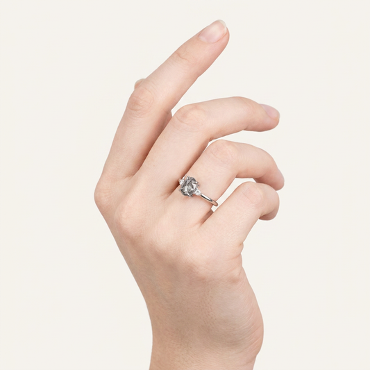 1.45 CT Oval & Round Cut Salt and Pepper Diamond Three Stone Ring