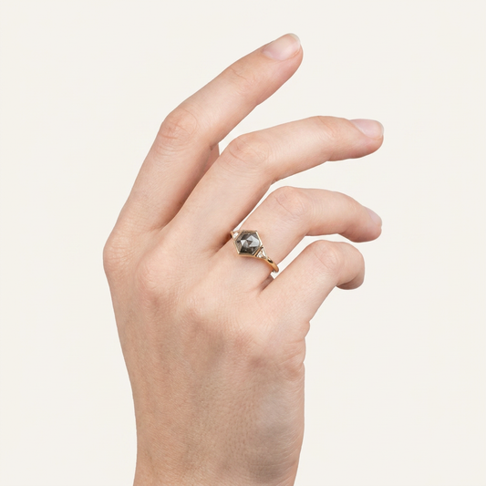 1.60 CT Hexagon & Trillion Cut Salt and Pepper Diamond Three Stone Ring
