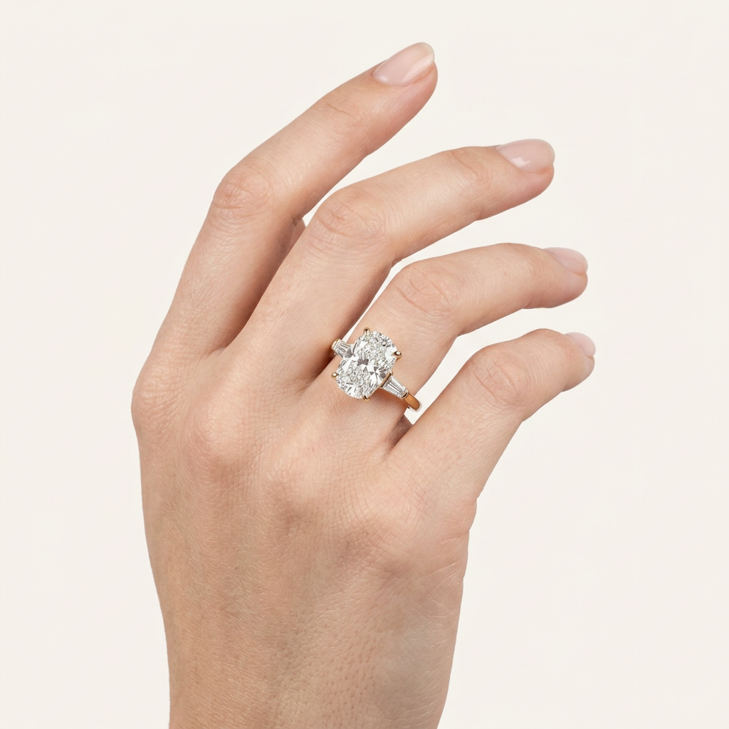 Moissanite 5.32 CT Cushion & Tapered Cut Diamond Three Stone Ring