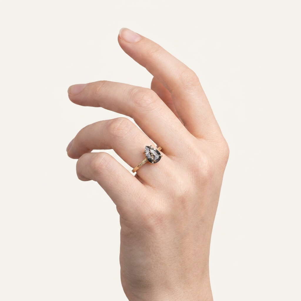 1.70 CT Pear Cut Salt and Pepper Diamond Solitaire Ring (V1)
