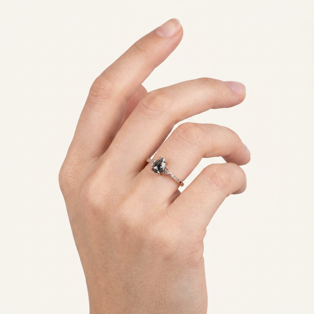 1.70 CT Pear Cut Salt and Pepper Diamond Solitaire Ring (V2)