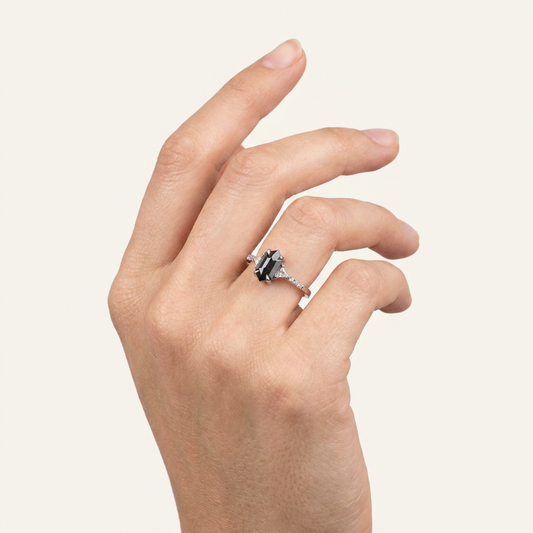 1.70 CT Hexagon & Round Cut Salt and Pepper Diamond Three Stone Ring (V1)