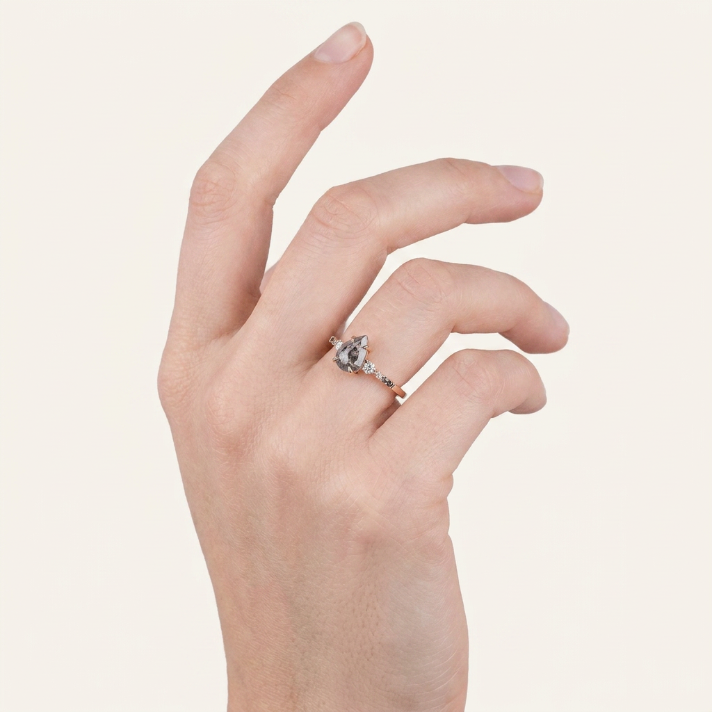 1.50 CT Pear & Round Cut Salt and Pepper Diamond Three Stone Ring