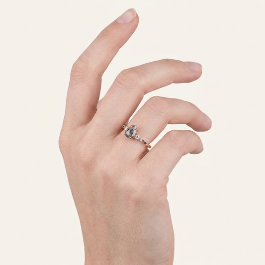 1.50 CT Pear & Round Cut Salt and Pepper Diamond Three Stone Ring