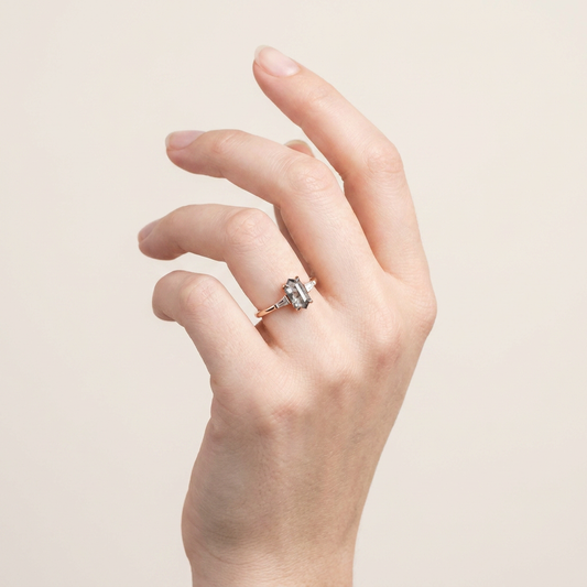 1.40 CT Hexagon & Tapered Baguette Cut Salt and Pepper Diamond Three Stone Ring