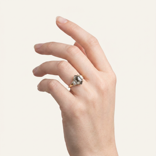 1.70 CT Hexagon & Baguette Cut Salt and Pepper Diamond Three Stone Ring