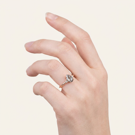 1.45 CT Pear & Round Cut Salt and Pepper Diamond Three Stone Ring
