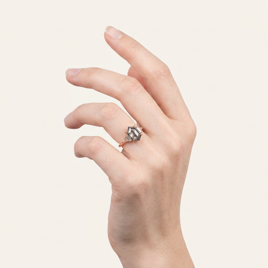 1.45 CT Hexagon & Round Cut Salt and Pepper Diamond Three Stone Ring (V2)