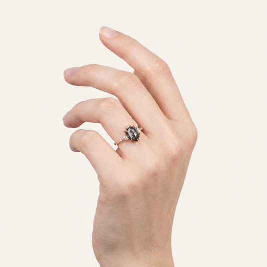 1.80 CT Hexagon & Round Cut Salt and Pepper Diamond Three Stone Ring