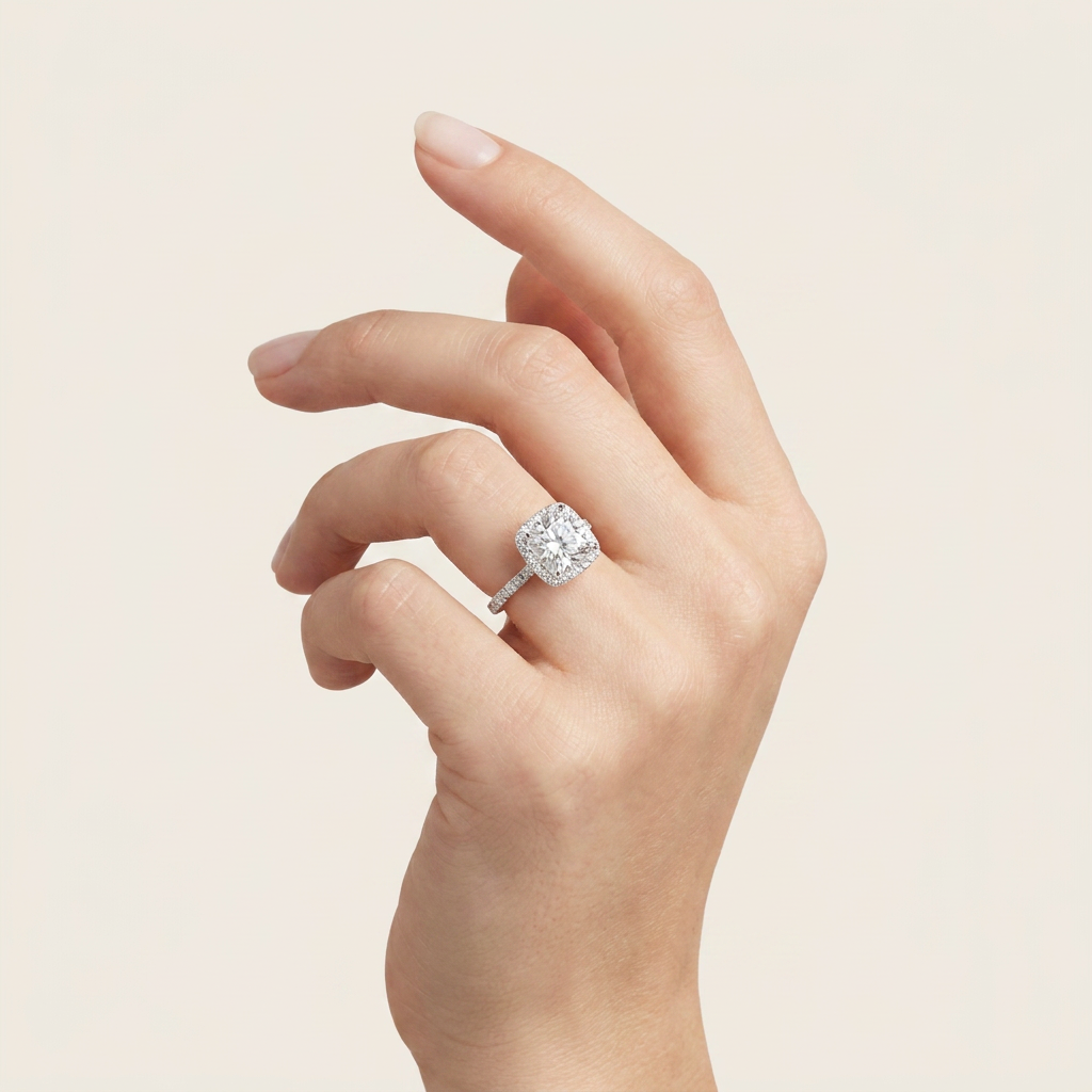 Moissanite 2.77 CT Cushion & Round Cut Diamond Halo Ring