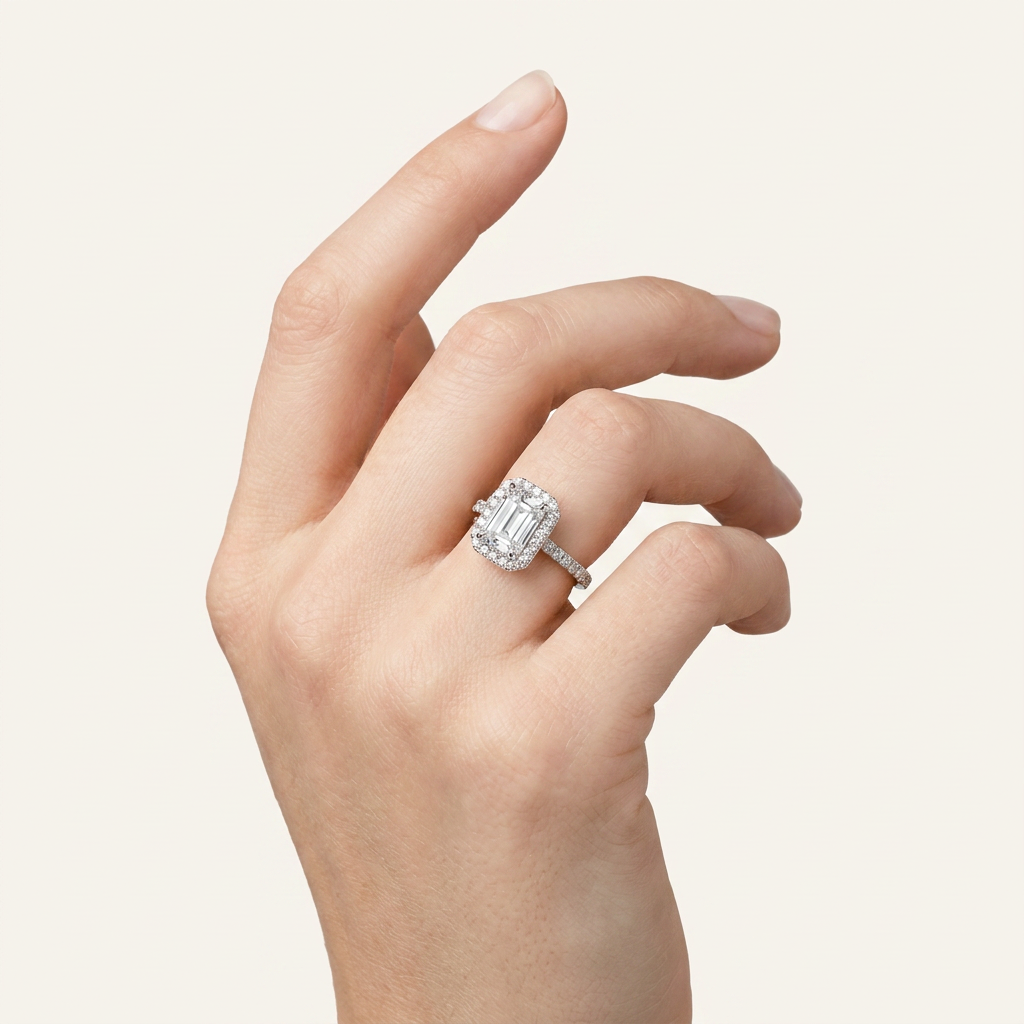 Moissanite 1.70 CT Emerald Cut Diamond Halo Ring