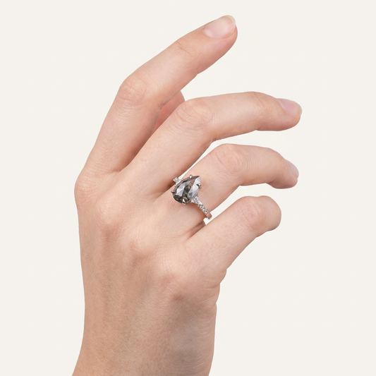 2.20 CT Pear & Triangle Cut Salt and Pepper Diamond Three Stone Ring