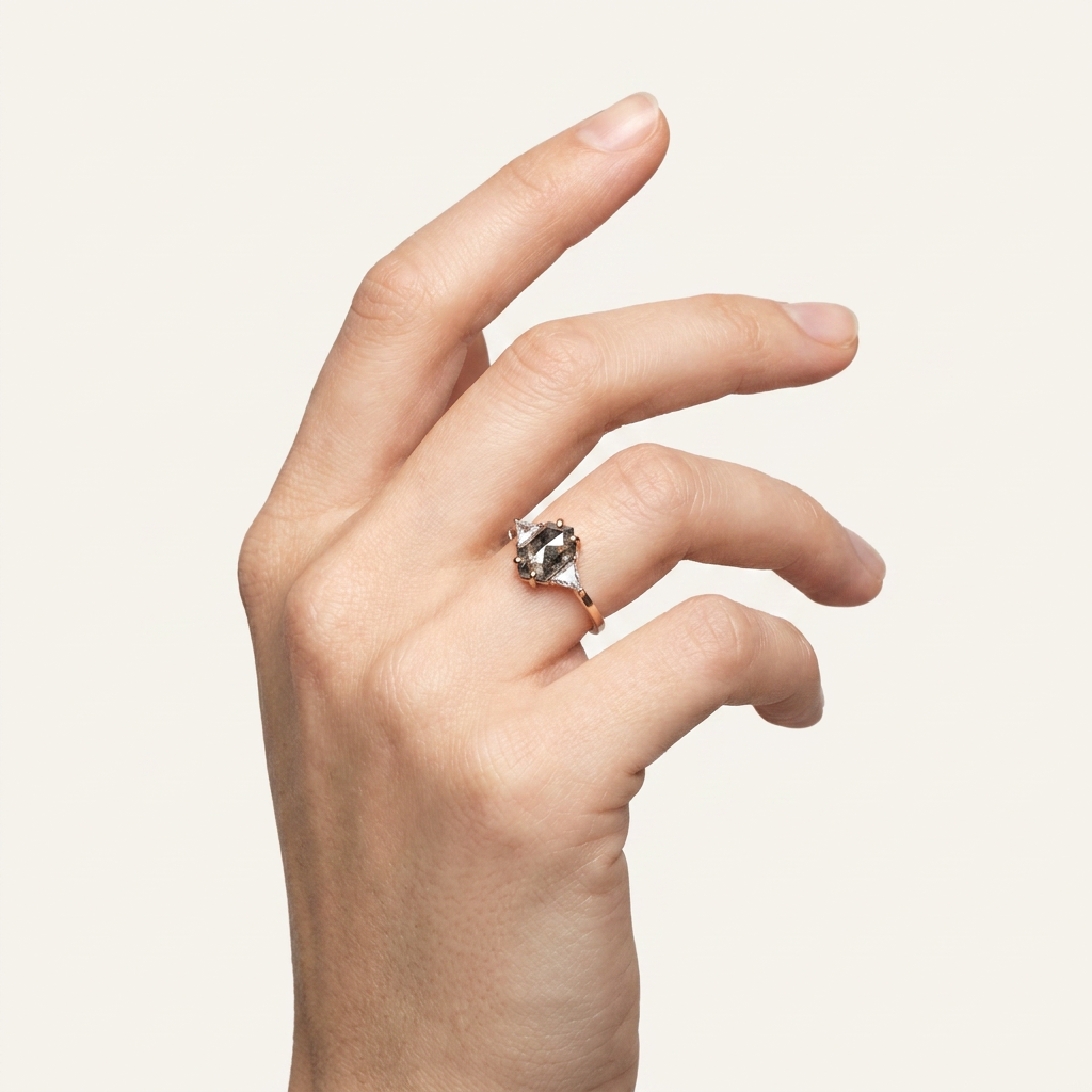 1.90 CT Hexagon & Triangle Cut Salt and Pepper Diamond Three Stone Ring
