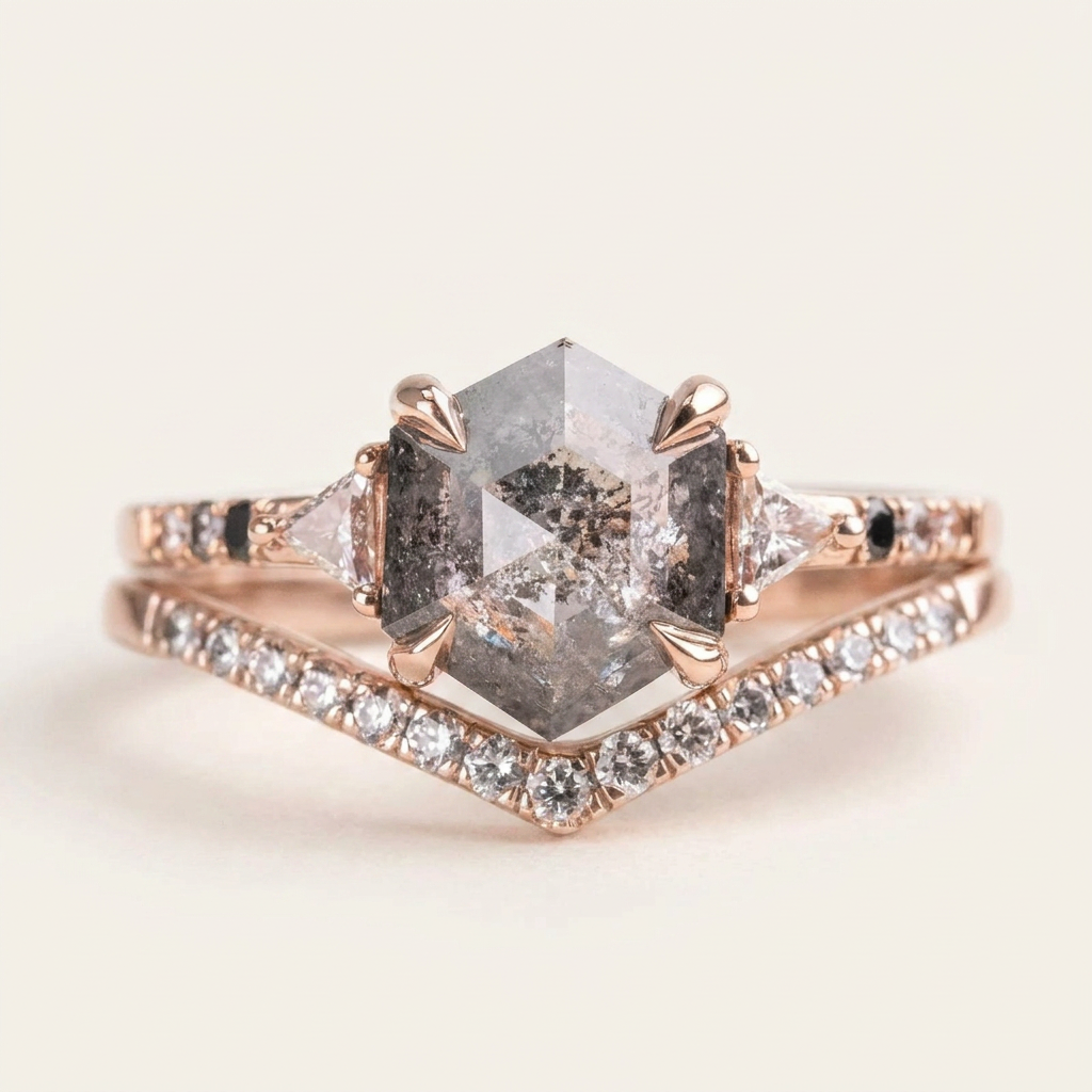 1.65 CT Hexagon & Triangle Cut Salt and Pepper Diamond Three Stone Ring