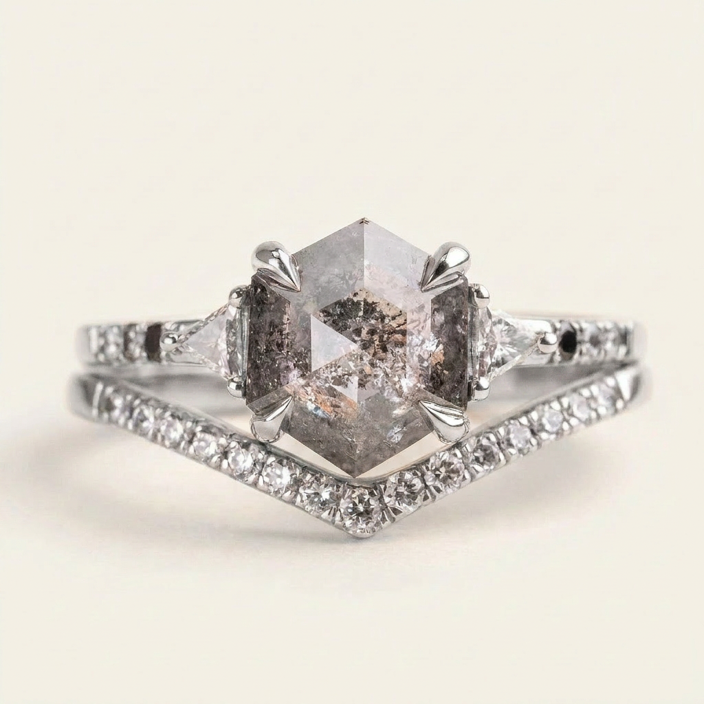 1.65 CT Hexagon & Triangle Cut Salt and Pepper Diamond Three Stone Ring
