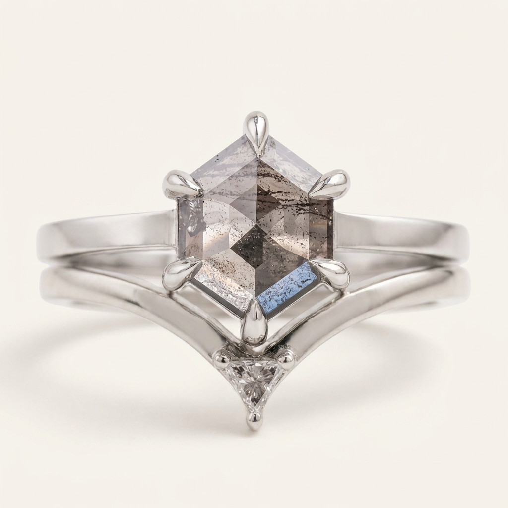 1.25 CT Hexagon Cut Salt and Pepper Diamond Solitaire Ring (V-Artdeco)