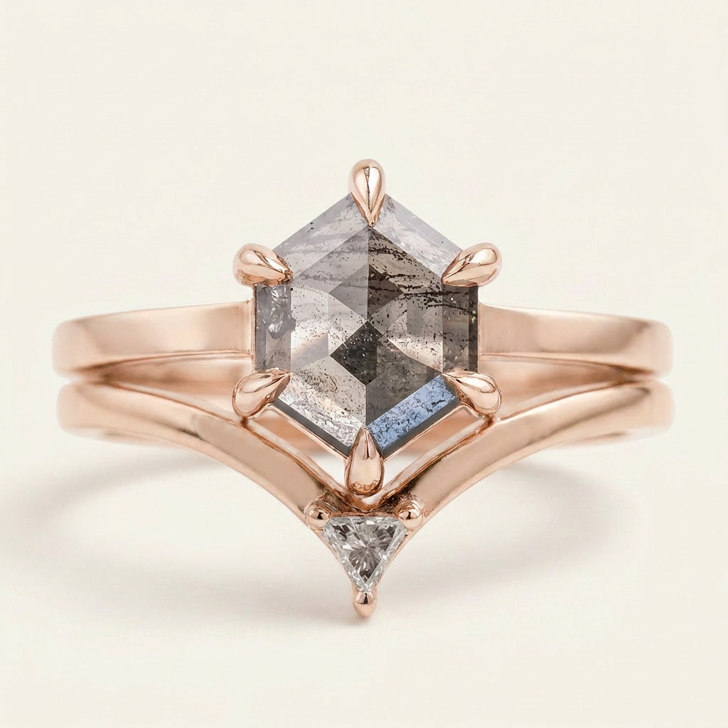 1.25 CT Hexagon Cut Salt and Pepper Diamond Solitaire Ring (V-Artdeco)