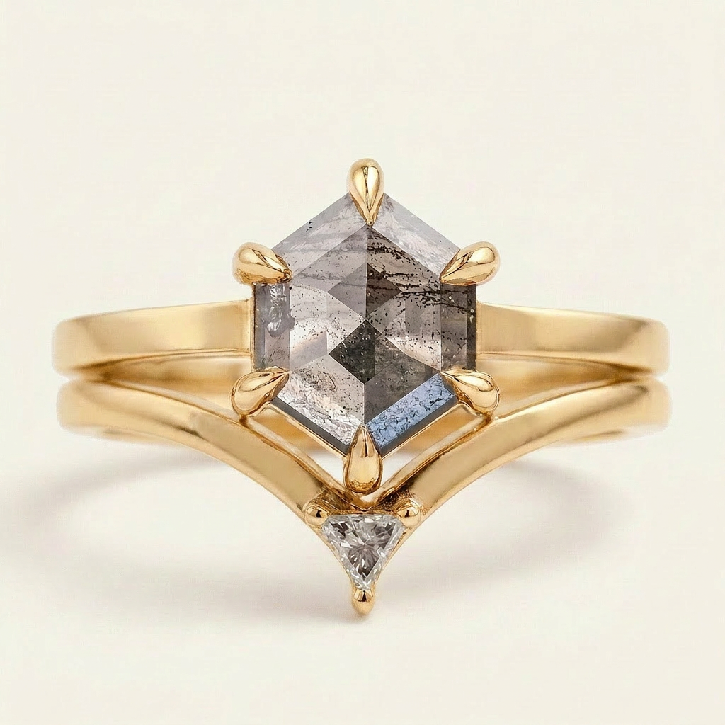 1.25 CT Hexagon Cut Salt and Pepper Diamond Solitaire Ring (V-Artdeco)