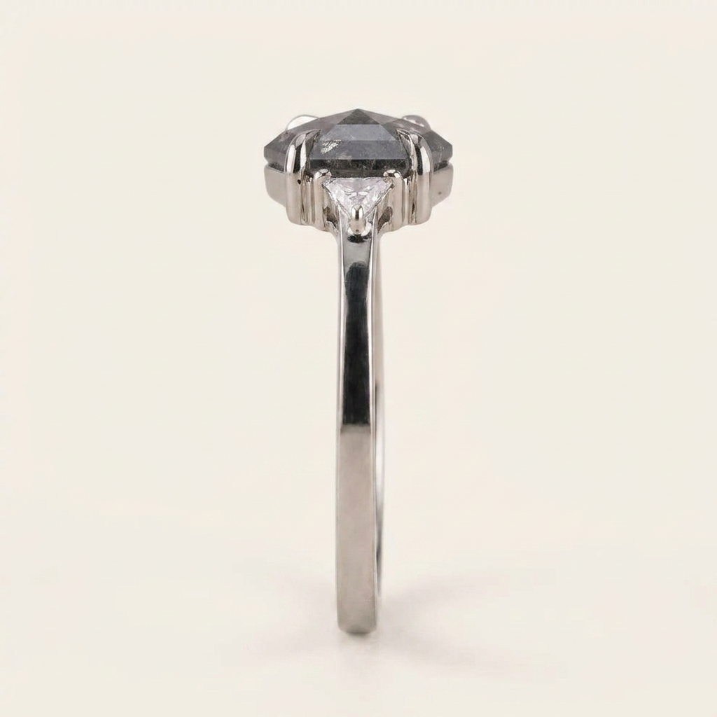 1.30 CT Hexagon & Triangle Cut Salt and Pepper Diamond Three Stone Ring (V2)