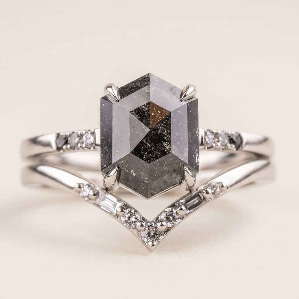 1.70 CT Hexagon & Round Cut Salt and Pepper Diamond Three Stone Ring (V2)