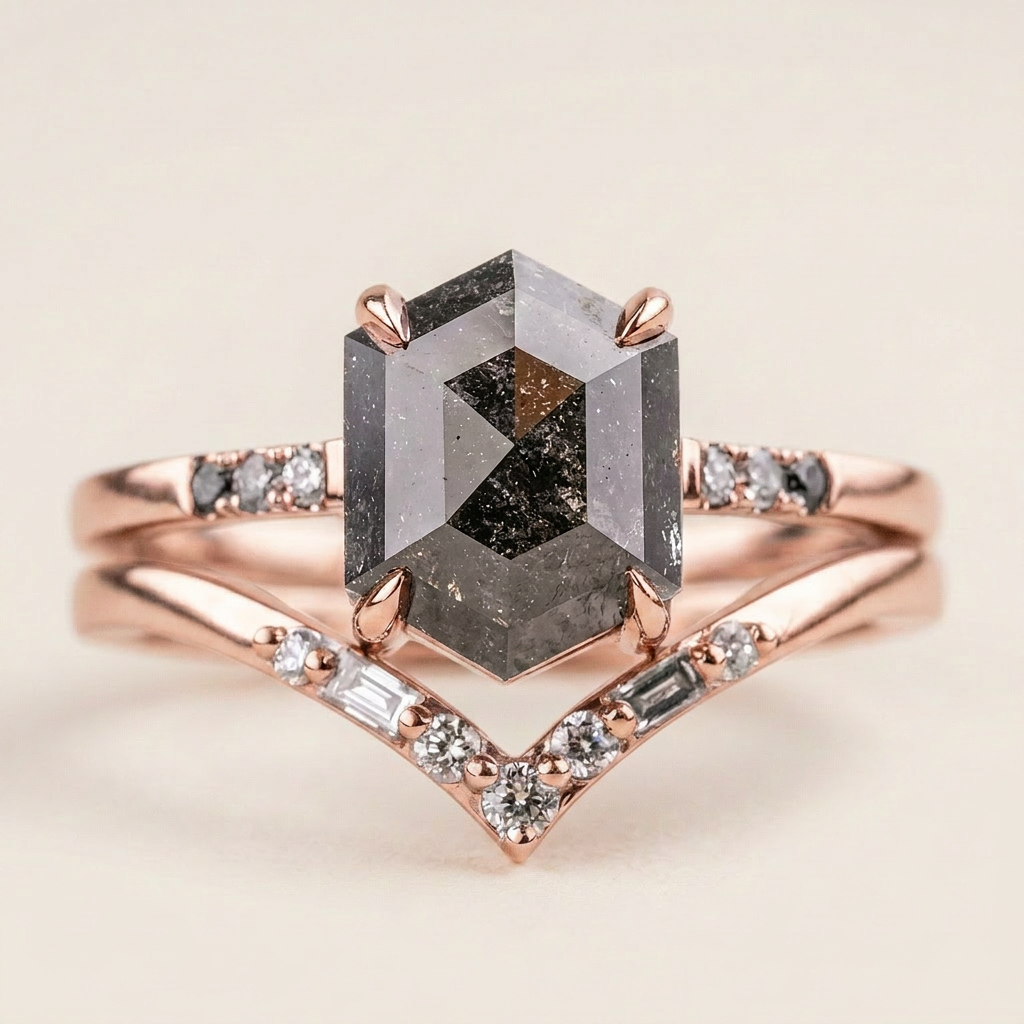 1.70 CT Hexagon & Round Cut Salt and Pepper Diamond Three Stone Ring (V2)