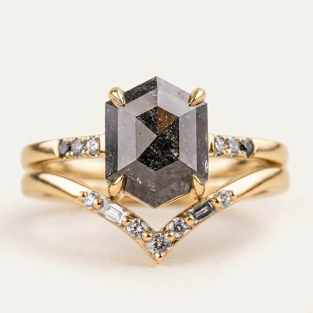 1.70 CT Hexagon & Round Cut Salt and Pepper Diamond Three Stone Ring (V2)