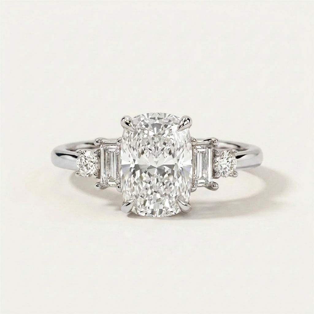 Moissanite 3.87 CT Cushion & Round Cut Diamond Cluster Five-Stone Ring