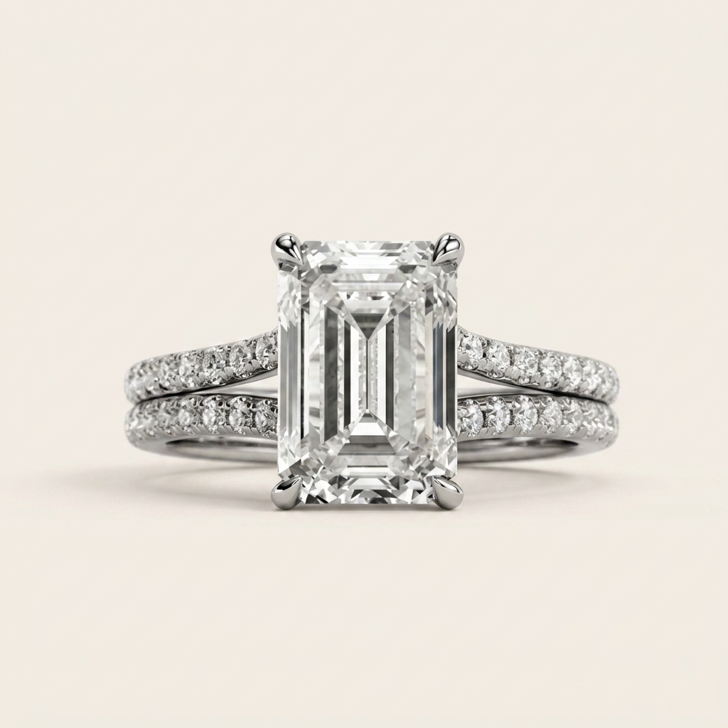 Moissanite 3.00 CT Emerald & Round Cut Diamond Solitaire Ring
