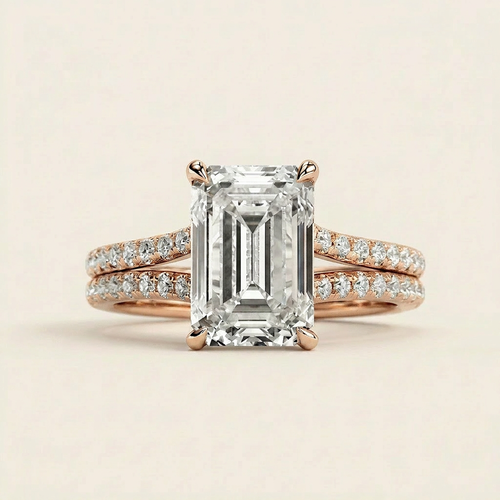 Moissanite 3.00 CT Emerald & Round Cut Diamond Solitaire Ring