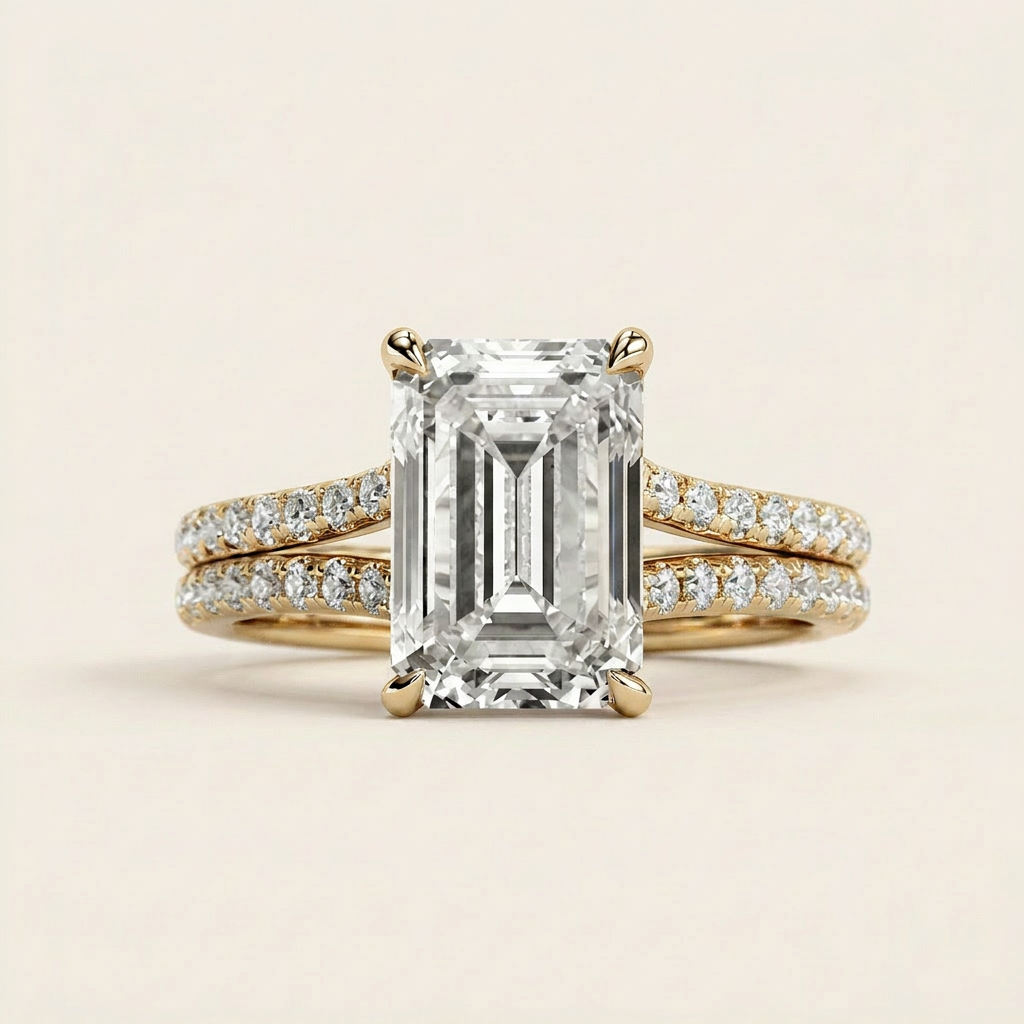 Moissanite 3.00 CT Emerald & Round Cut Diamond Solitaire Ring