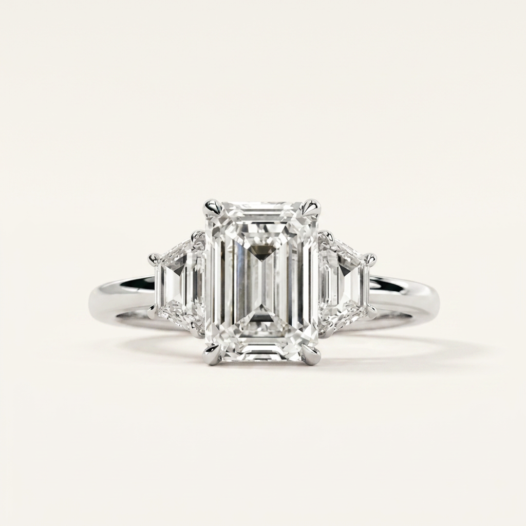 Moissanite 3.86 CT Emerald & Tapered Cut Diamond Three Stone Ring