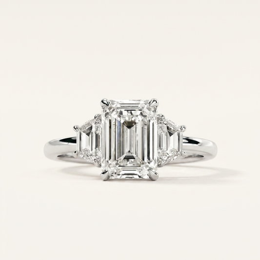 Moissanite 3.86 CT Emerald & Tapered Cut Diamond Three Stone Ring
