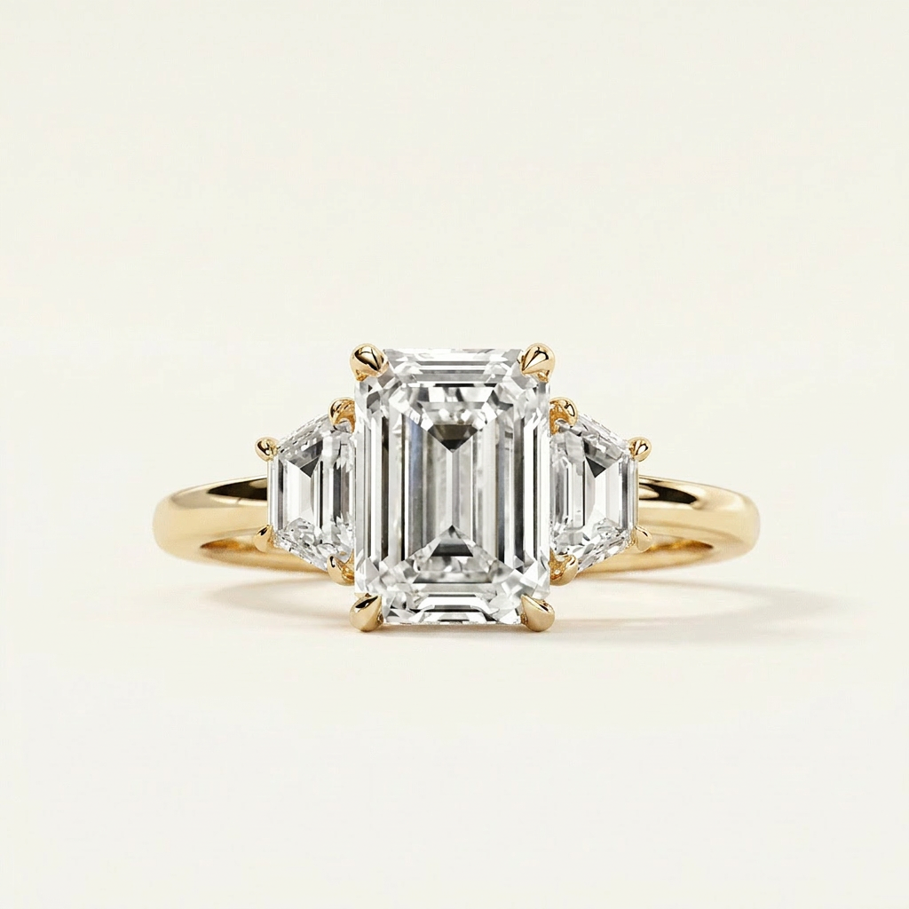Moissanite 3.86 CT Emerald & Tapered Cut Diamond Three Stone Ring