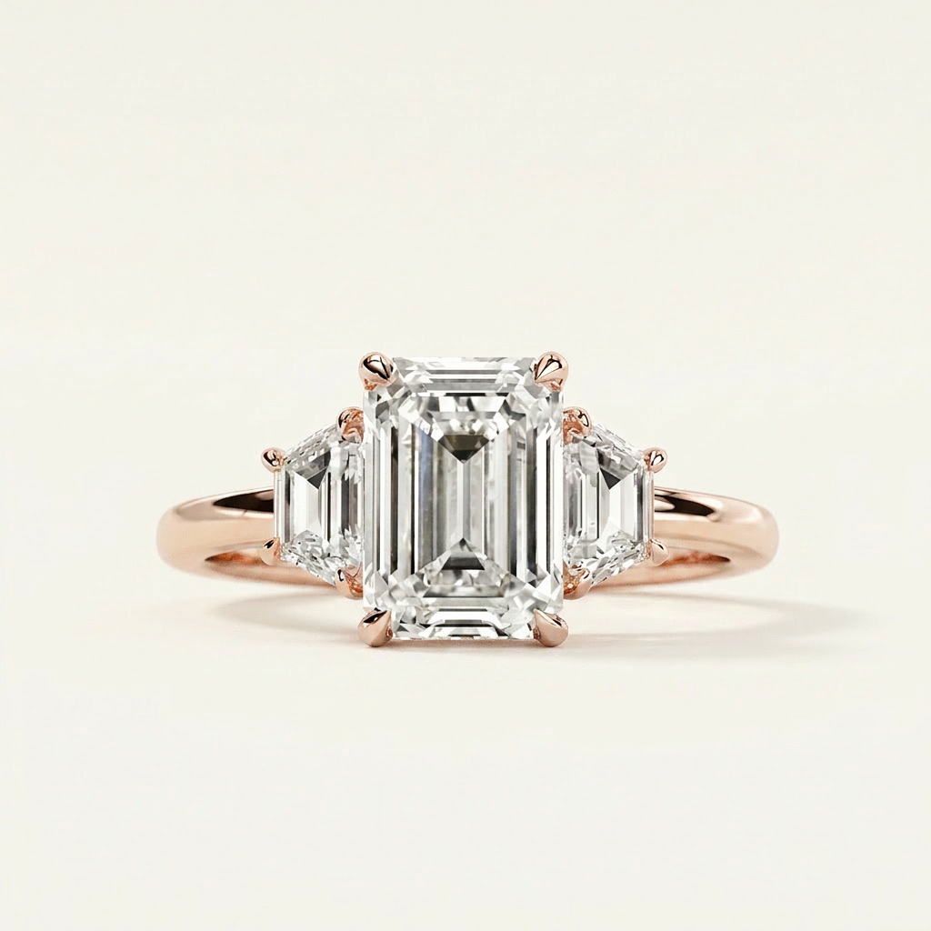 Moissanite 3.86 CT Emerald & Tapered Cut Diamond Three Stone Ring