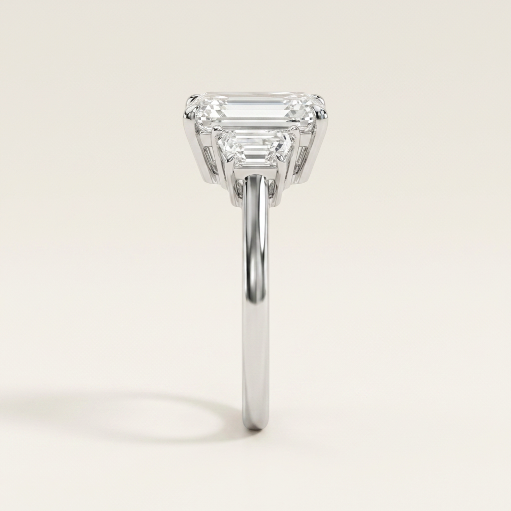 Moissanite 3.86 CT Emerald & Tapered Cut Diamond Three Stone Ring