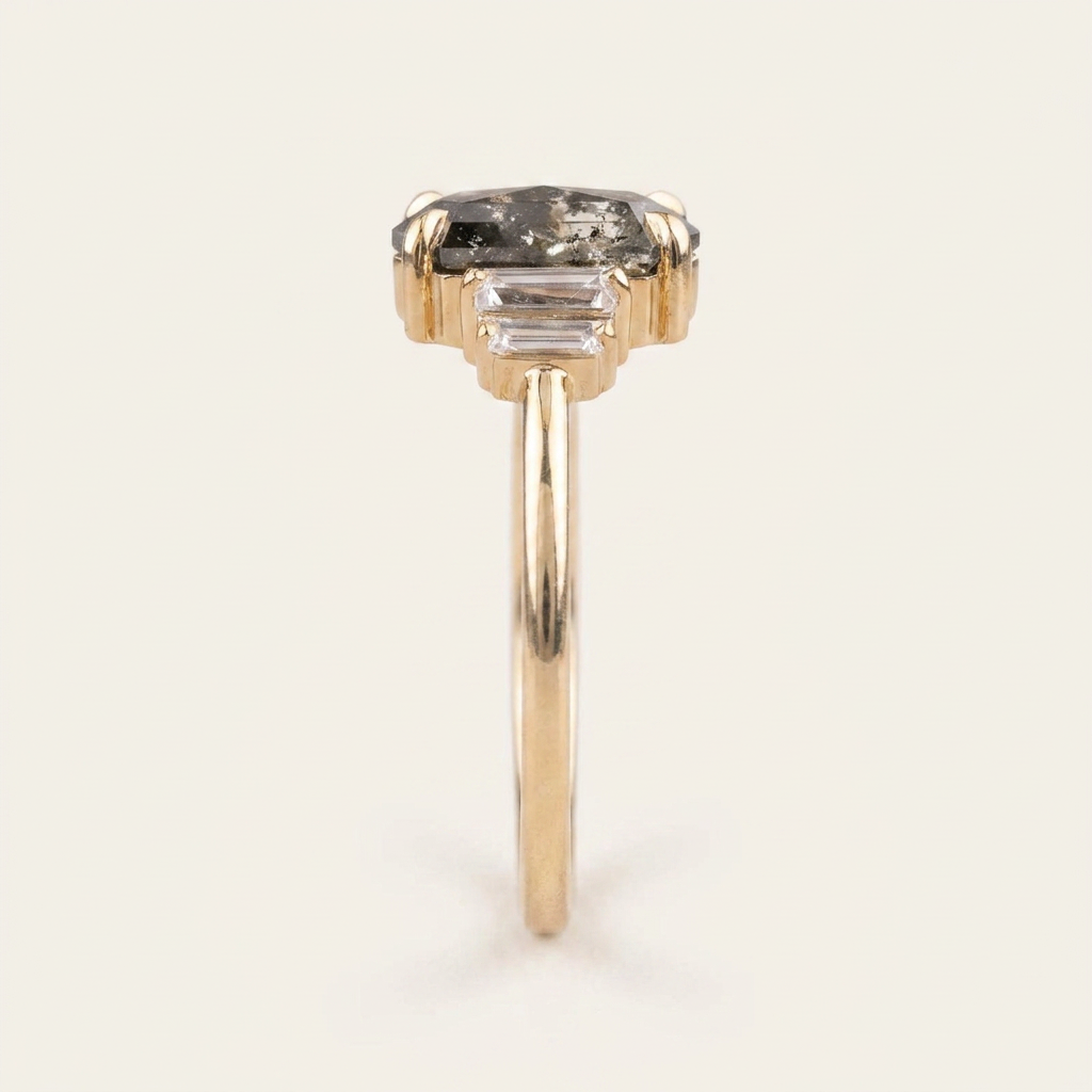 1.80 CT Hexagon & Baguette Cut Salt and Pepper Diamond Cluster Five-Stone Ring