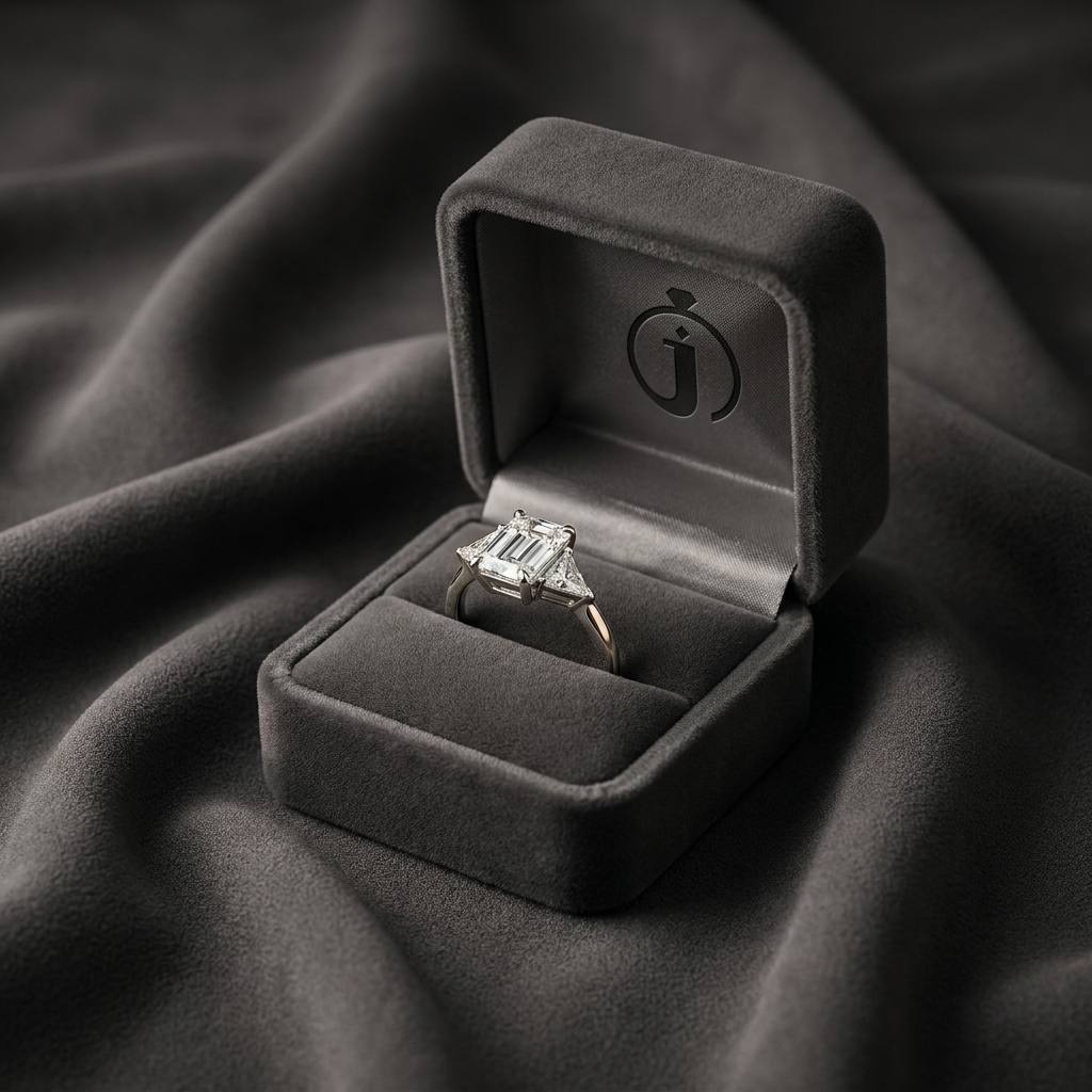 Moissanite 1.80 CT Emerald & Triangle Cut Diamond Three Stone Ring