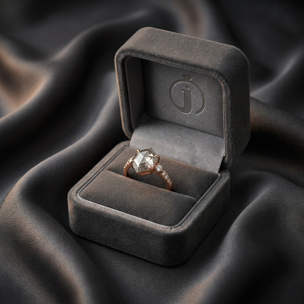 1.65 CT Hexagon & Round Cut Salt and Pepper Diamond Three Stone with Side Stones Ring