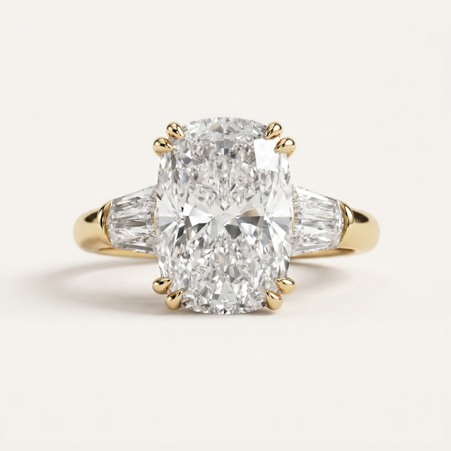Moissanite 5.10 CT Cushion & Tapered Cut Diamond Three Stone Ring