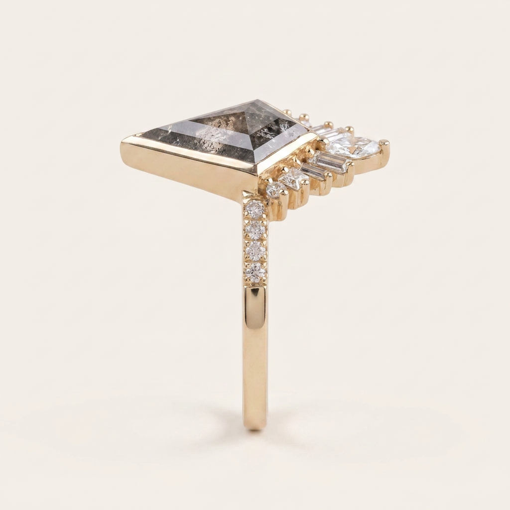 1.55 CT Kite & Round Cut Salt and Pepper Diamond Cluster Ring (V1)
