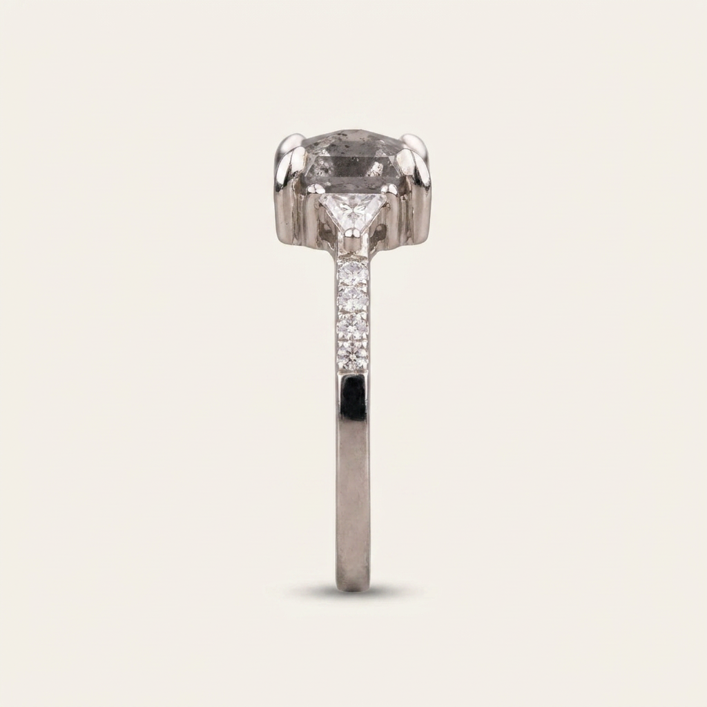 2.05 CT Asscher & Round Cut Salt and Pepper Diamond Three Stone Ring