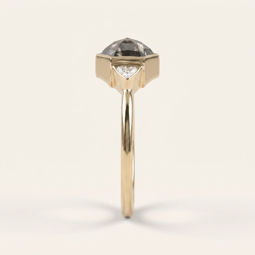 1.60 CT Hexagon & Trillion Cut Salt and Pepper Diamond Three Stone Ring