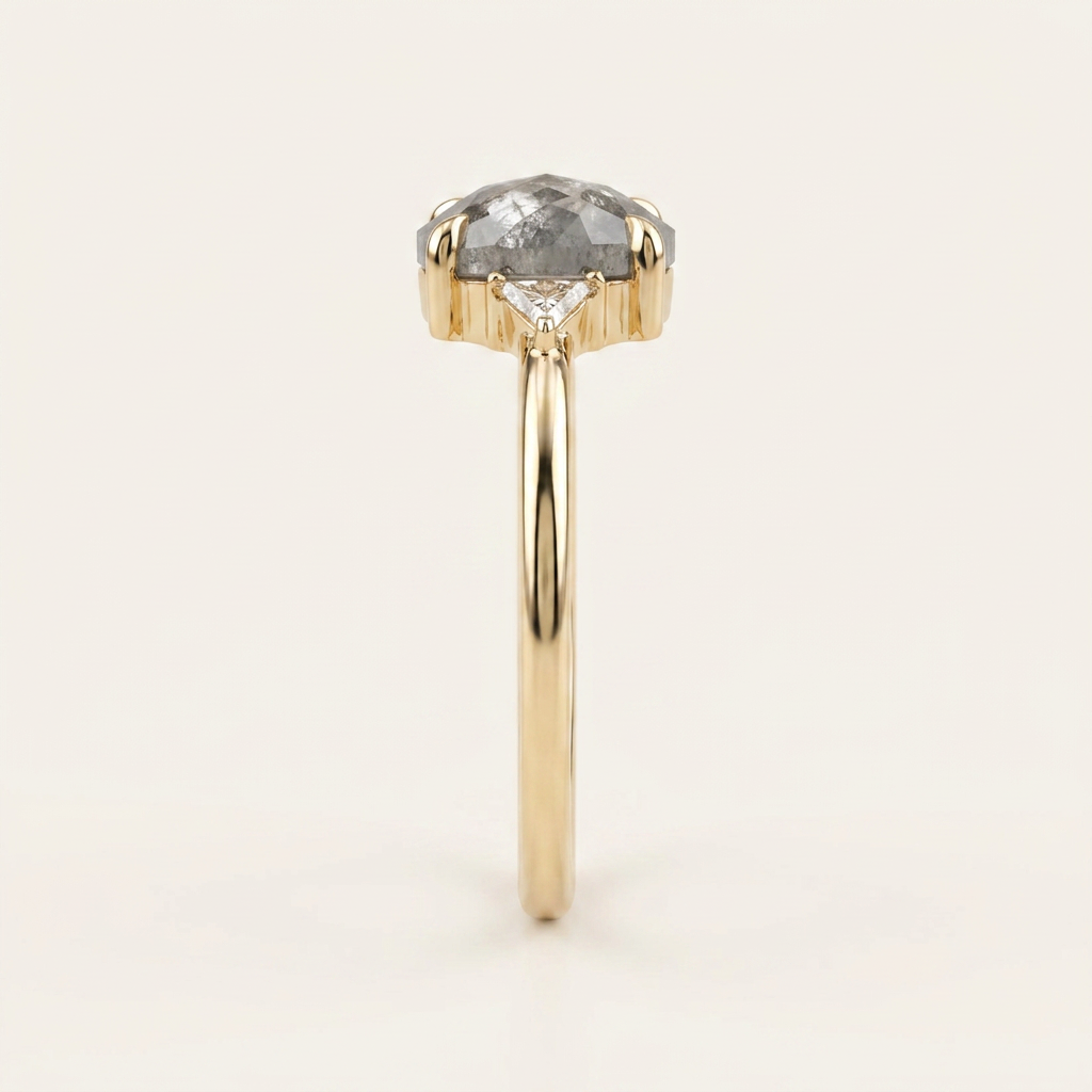 1.60 CT Oval & Triangle Cut Salt and Pepper Diamond Three Stone Ring